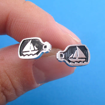 Nautical Themed Ship In A Bottle Shaped Stud Earrings in Gold or Silver