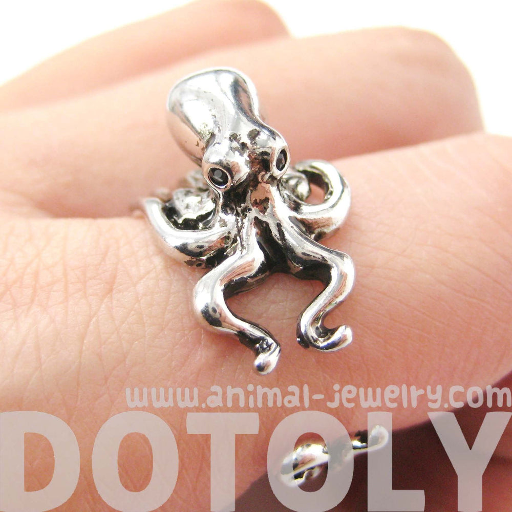 Octopus Squid Sea Animal Wrap Around Hug Ring in Shiny Silver | US Size 4 to 9 | DOTOLY