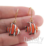Orange and White Stripe Tropical Fish Shaped Enamel Dangle Earrings