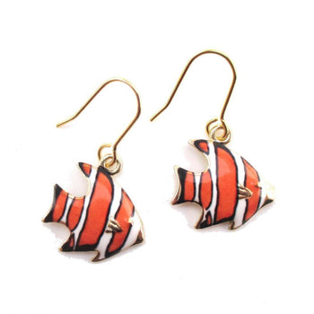 Orange and White Stripe Tropical Fish Shaped Enamel Dangle Earrings