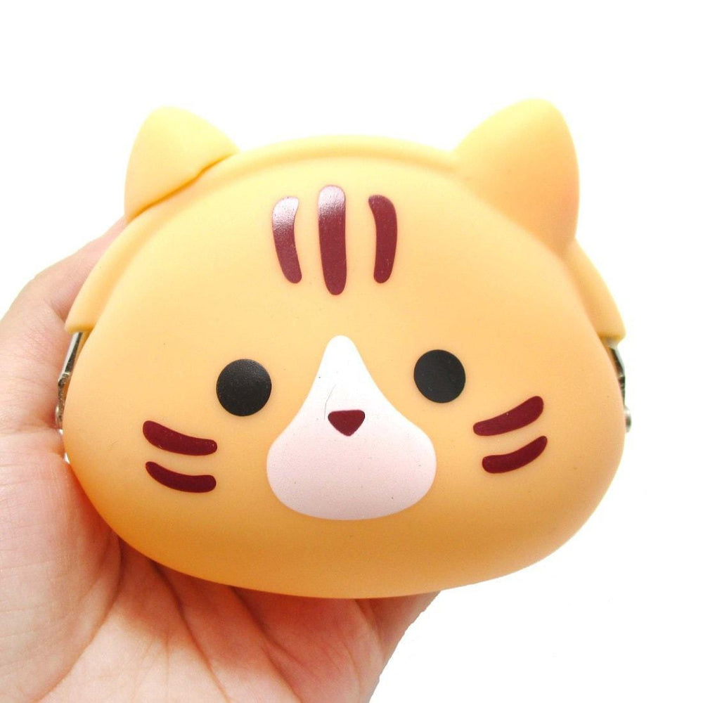Orange Kitty Cat Face Shaped Mimi Pochi Animal Friends Silicone Clasp Coin Purse Pouch | DOTOLY