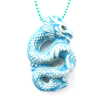 Oriental Dragon Shaped Porcelain Ceramic Pendant Necklace in Blue | Mythical Creatures Collection | DOTOLY