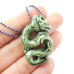Oriental Dragon Shaped Porcelain Ceramic Pendant Necklace in Green | Mythical Creatures Collection | DOTOLY