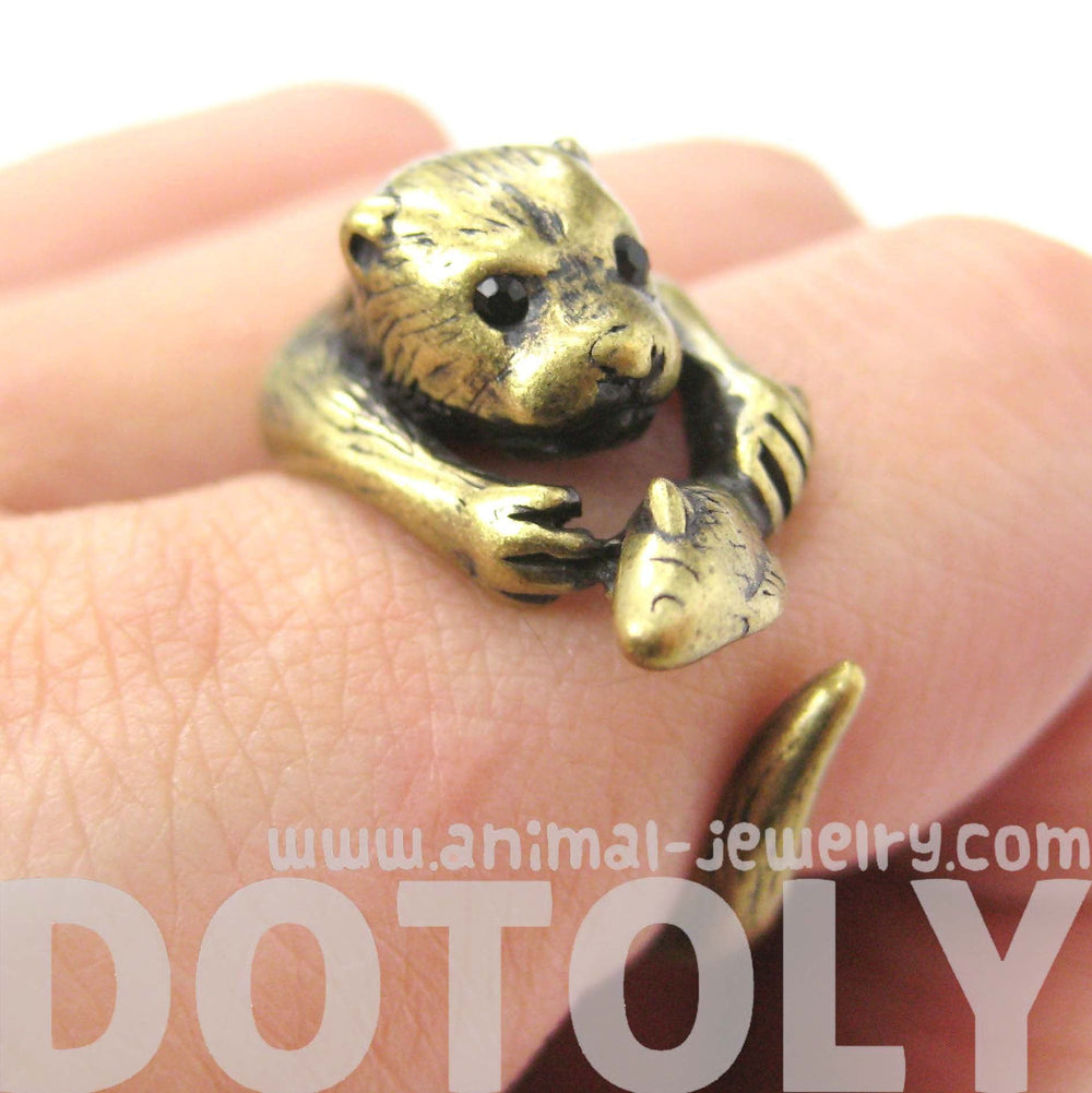 Otter Beaver Holding a Fish Shaped Animal Wrap Around Ring in Brass | US Sizes 4 to 9 | DOTOLY