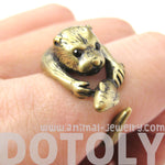 Otter Beaver Holding a Fish Shaped Animal Wrap Around Ring in Brass | US Sizes 4 to 9 | DOTOLY