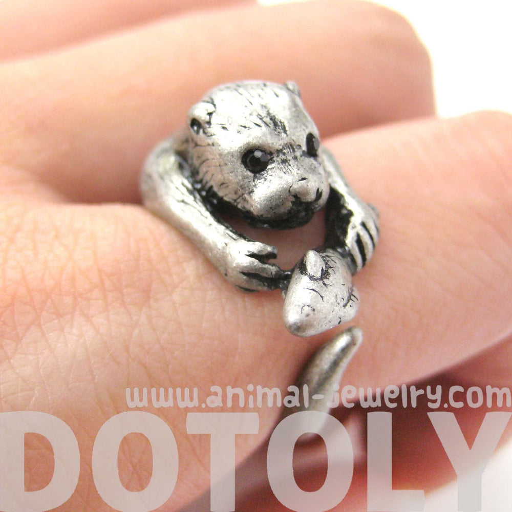 Otter Holding a Fish Shaped Animal Wrap Around Ring in Silver | US Sizes 4 to 9 Available | DOTOLY