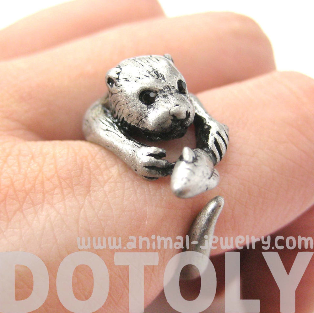 Otter Holding a Fish Shaped Animal Wrap Around Ring in Silver | US Sizes 4 to 9 Available | DOTOLY