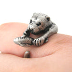 Otter Holding a Fish Shaped Animal Wrap Around Ring in Silver | US Sizes 4 to 9 Available | DOTOLY