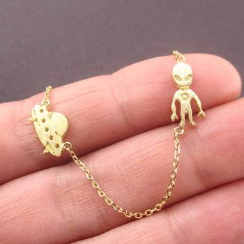 Outer Space Themed UFO Spaceship and Alien Shaped Charm Necklace
