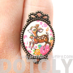 Oval Bambi Deer Illustrated Adjustable Ring with Floral Details | Animal Jewelry | DOTOLY