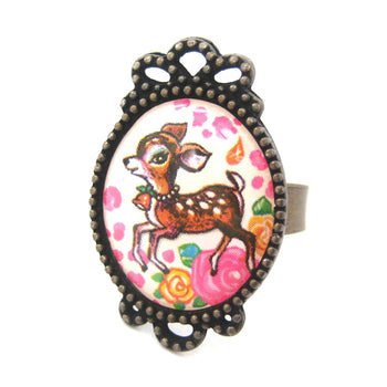Oval Bambi Deer Illustrated Adjustable Ring with Floral Details | Animal Jewelry | DOTOLY
