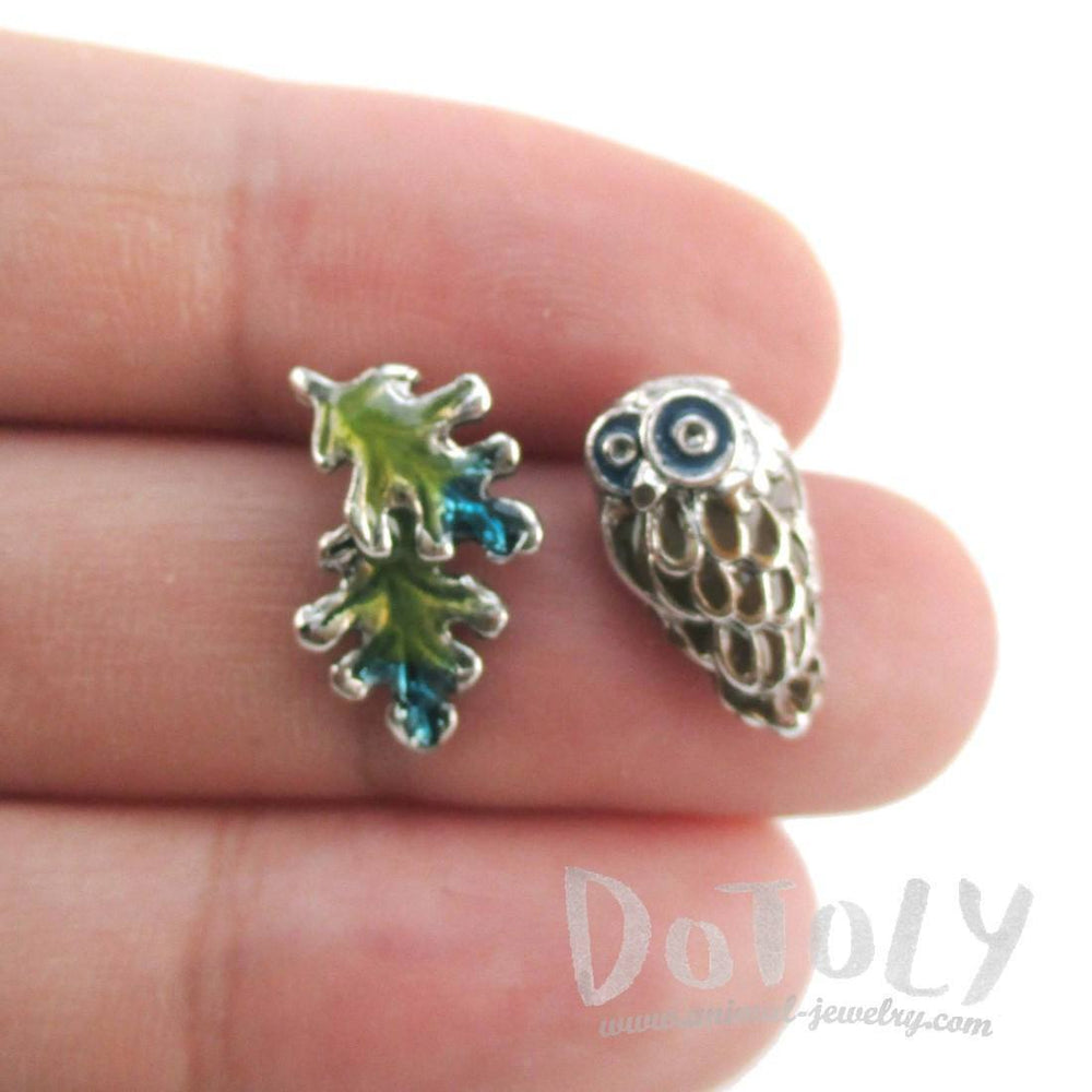 Owl and Leaves Shaped Enamel Stud Earrings | Animal Jewelry