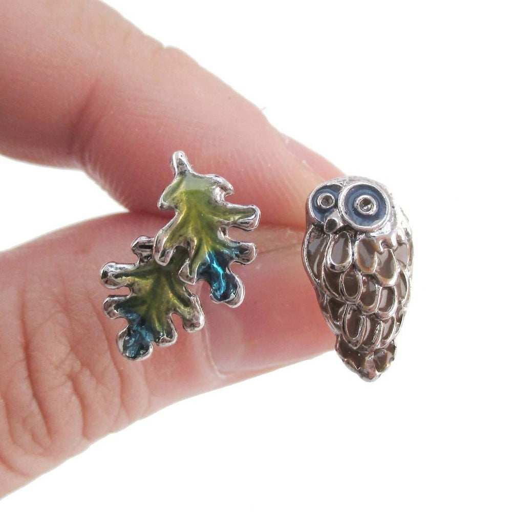 Owl and Leaves Shaped Enamel Stud Earrings | Animal Jewelry