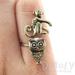 Owl and Monkey Wrap Around Adjustable Ring in Brass | DOTOLY | DOTOLY
