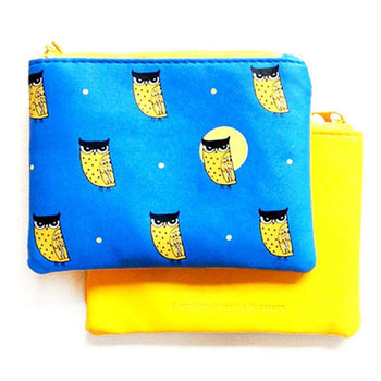 Owl Bird Animal Print Wallet Coin Purse Makeup Bag in Blue and Yellow | DOTOLY