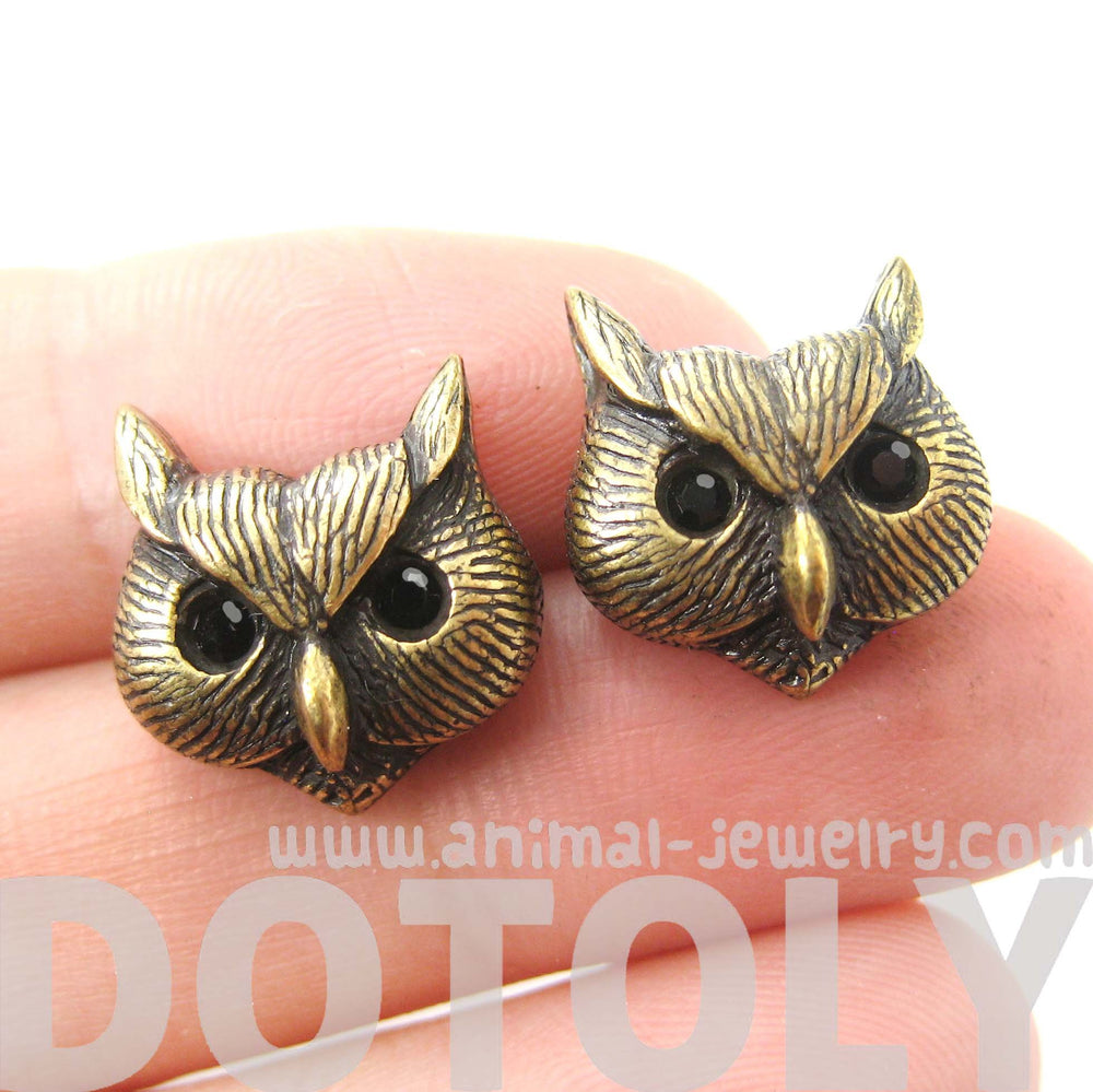 Owl Bird Realistic Animal Stud Earrings in Brass | Animal Jewelry | DOTOLY