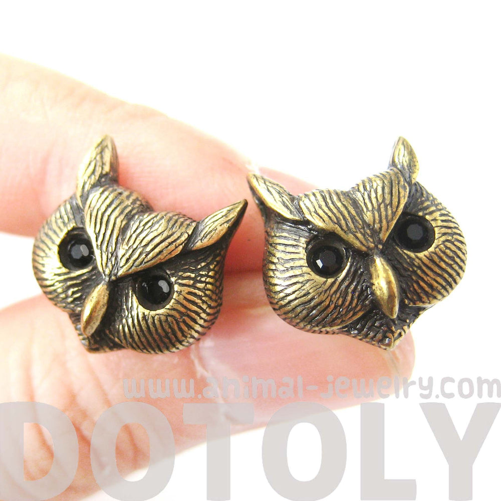 Owl Bird Realistic Animal Stud Earrings in Brass | Animal Jewelry | DOTOLY