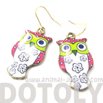 Owl Bird Shaped Illustrated Resin Dangle Earrings In Pink and White | DOTOLY | DOTOLY