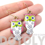 Owl Bird Shaped Illustrated Resin Dangle Earrings In Pink and White | DOTOLY | DOTOLY