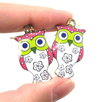 Owl Bird Shaped Illustrated Resin Dangle Earrings In Pink and White | DOTOLY | DOTOLY