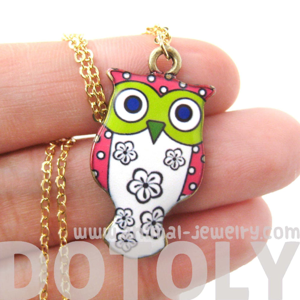 Owl Bird Shaped Illustrated Resin Pendant Necklace in Pink and White | DOTOLY | DOTOLY