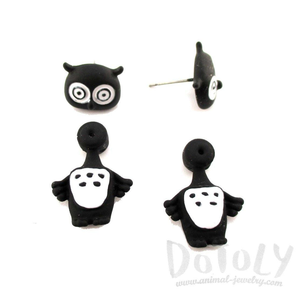 Owl Bird Shaped Two Part Front and Back Stud Earrings in Black and White | DOTOLY