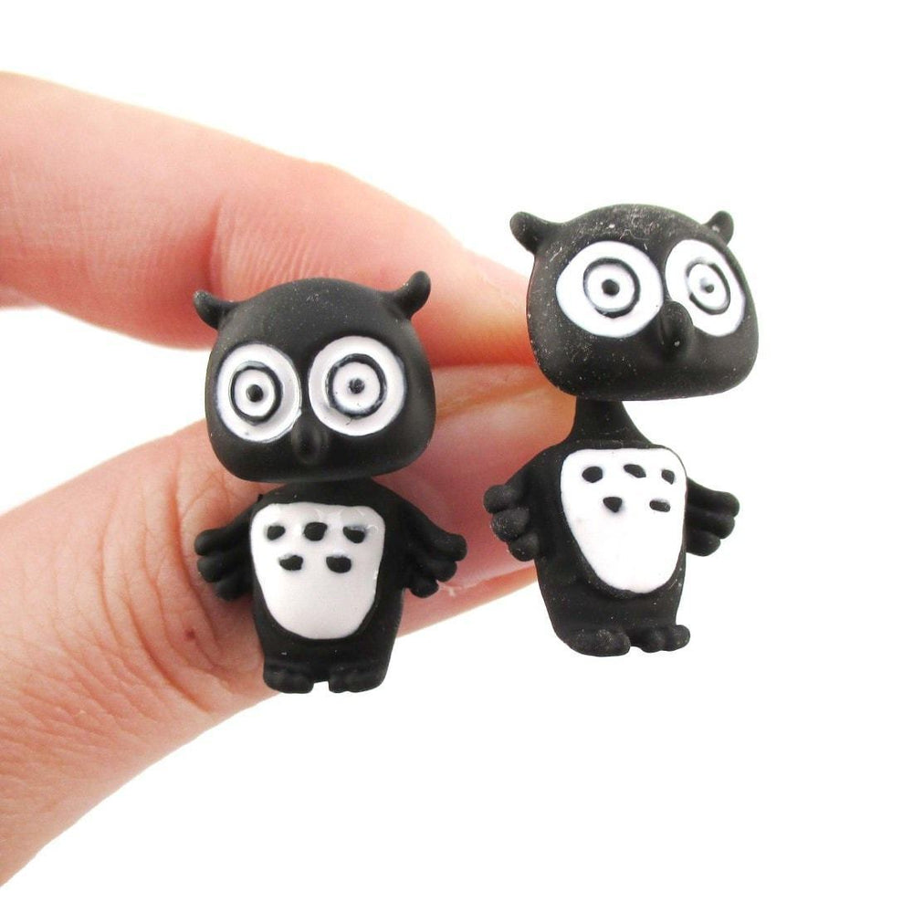 Owl Bird Shaped Two Part Front and Back Stud Earrings in Black and White | DOTOLY