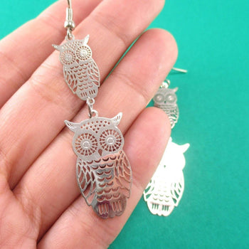 Owl Filigree Cut Outs Tiered Dangle Earrings in Silver | Animal Jewelry | DOTOLY