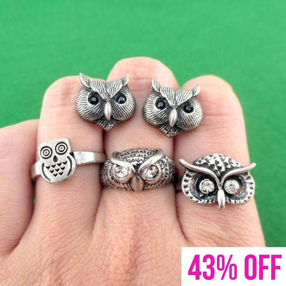 Owl Inspired Animal Ring and Stud Earring 4 Piece Set | Animal Jewelry