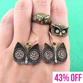 Owl Inspired Animal Rings and Dangle Earring 3 Piece Set in Brass