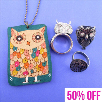 Owl Inspired Rings and Hand Drawn Owl Necklace 4 Piece Set | DOTOLY