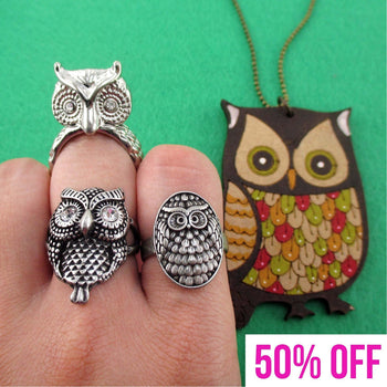 Owl Shaped Rings and Hand Drawn Owl Necklace 4 Piece Set | DOTOLY