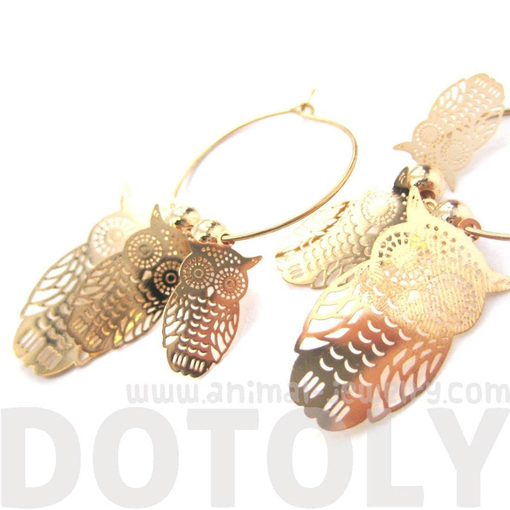 Owl Sillhouette Cut Out Shaped Dangle Hoop Earrings in Gold | Animal Jewelry | DOTOLY