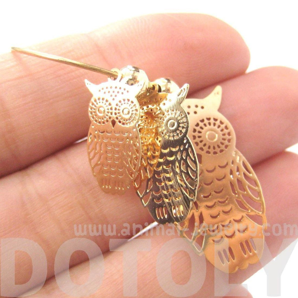 Owl Sillhouette Cut Out Shaped Dangle Hoop Earrings in Gold | Animal Jewelry | DOTOLY