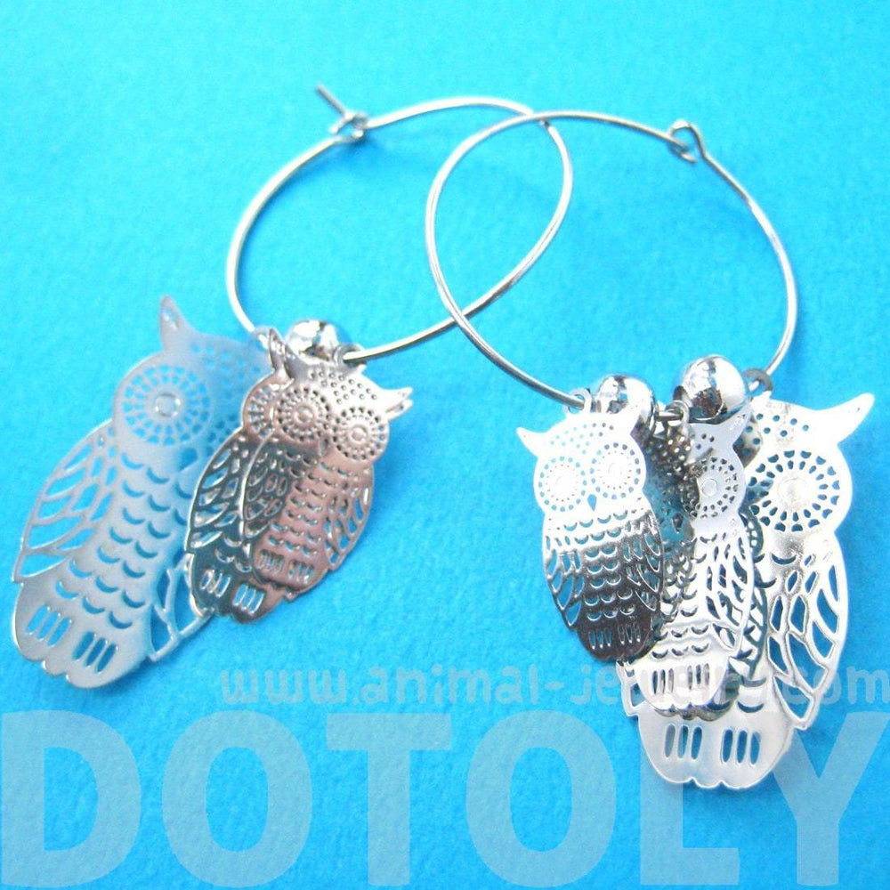 Owl Sillhouette Cut Out Shaped Dangle Hoop Earrings in Silver | Animal Jewelry | DOTOLY