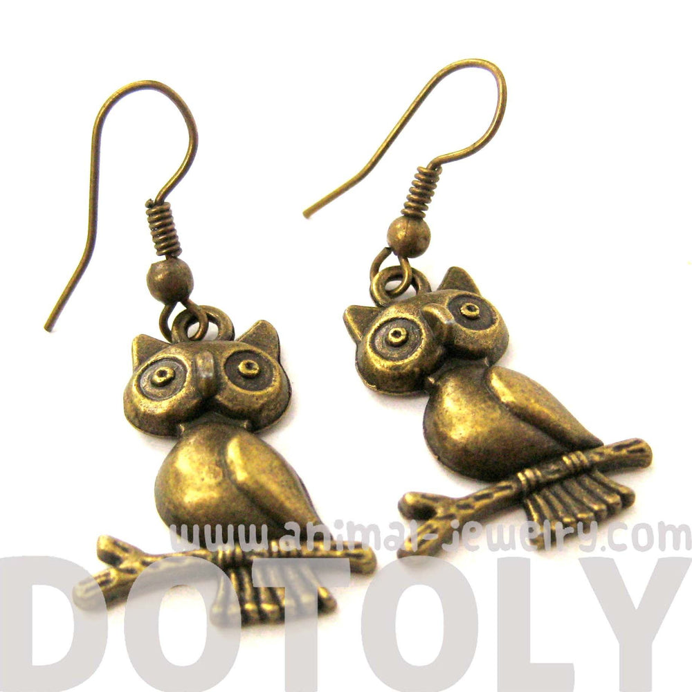 Owls On a Branch Shaped Animal Dangle Earrings in Brass | Animal Jewelry | DOTOLY