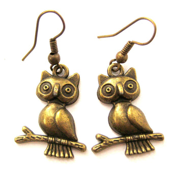 Owls On a Branch Shaped Animal Dangle Earrings in Brass | Animal Jewelry | DOTOLY