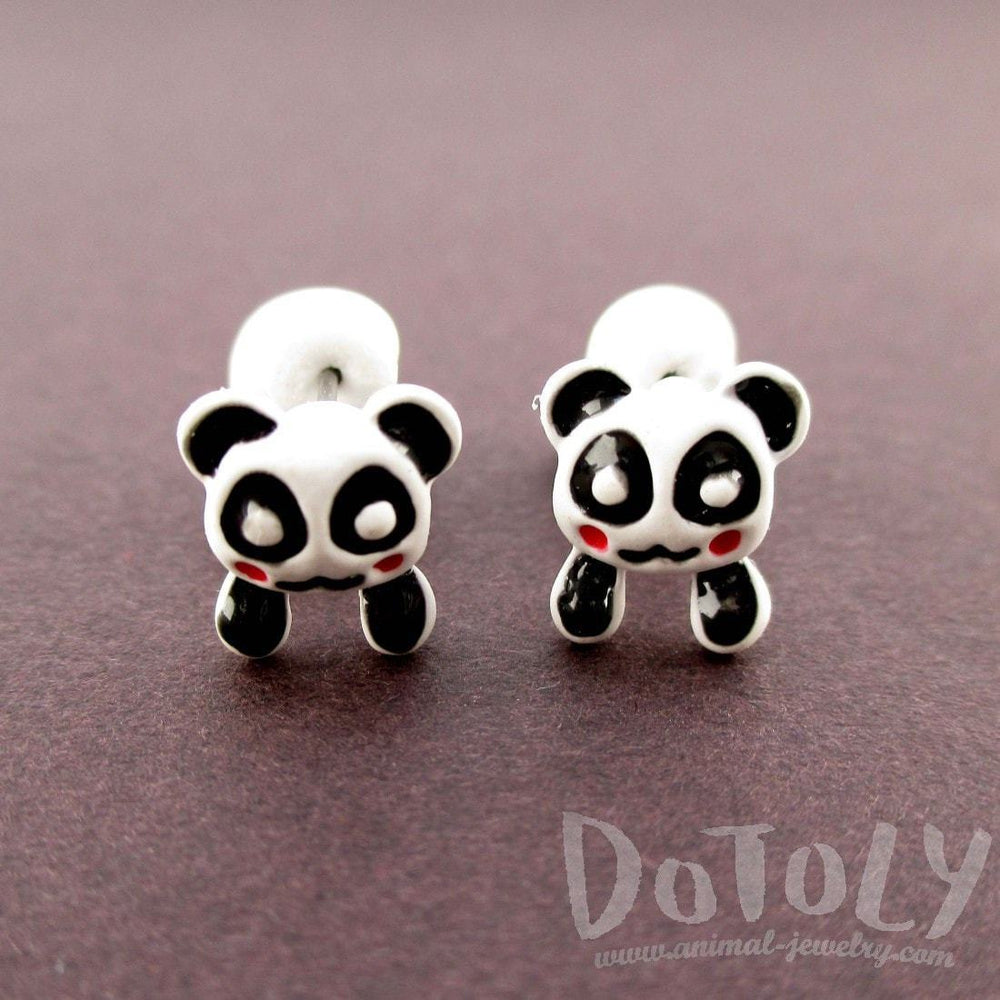 Panda Bear Shaped Two Part Front and Back Stud Earrings in Black and White | DOTOLY