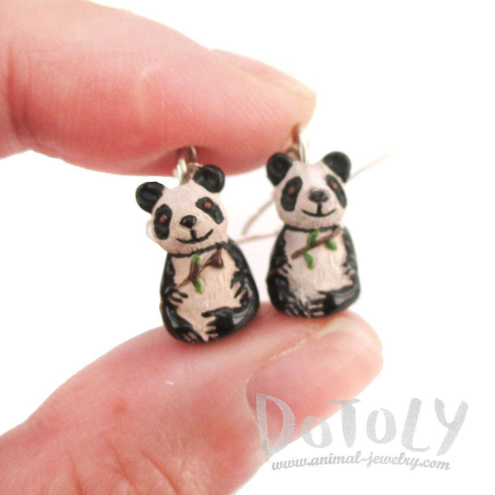 Panda Bears Holding Bamboo Shaped Porcelain Ceramic Animal Dangle Earrings | Handmade | DOTOLY