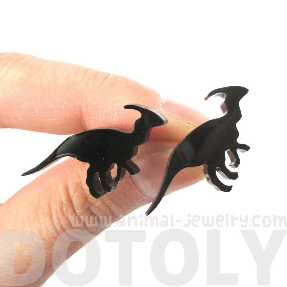 Parasaurolphus Silhouette Dinosaur Shaped Laser Cut Stud Earrings in Black | DOTOLY