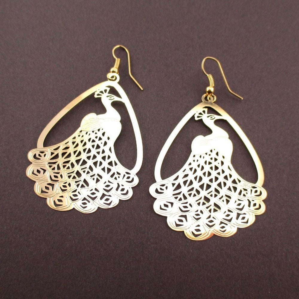 Peacock Silhouette Cut Out Shaped Dangle Earrings in Gold | Animal Jewelry | DOTOLY
