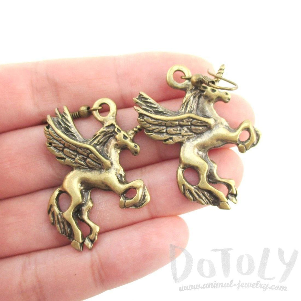 Pegasus Unicorn Horse Shaped Charm Dangle Earrings in Brass | Animal Jewelry | DOTOLY