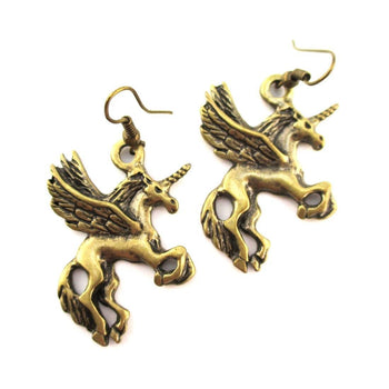 Pegasus Unicorn Horse Shaped Charm Dangle Earrings in Brass | Animal Jewelry | DOTOLY