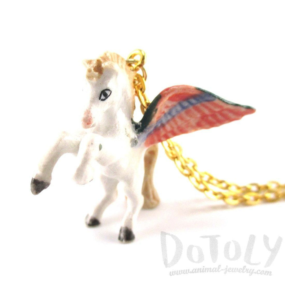 Pegasus White Horse with Large Wings Shaped Hand Painted Ceramic Animal Pendant Necklace | Handmade | DOTOLY