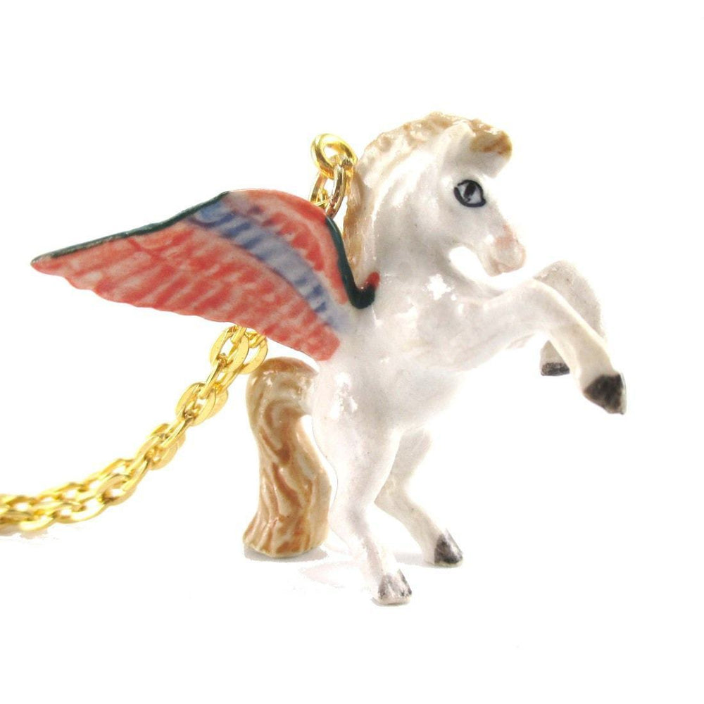 Pegasus White Horse with Large Wings Shaped Hand Painted Ceramic Animal Pendant Necklace | Handmade | DOTOLY