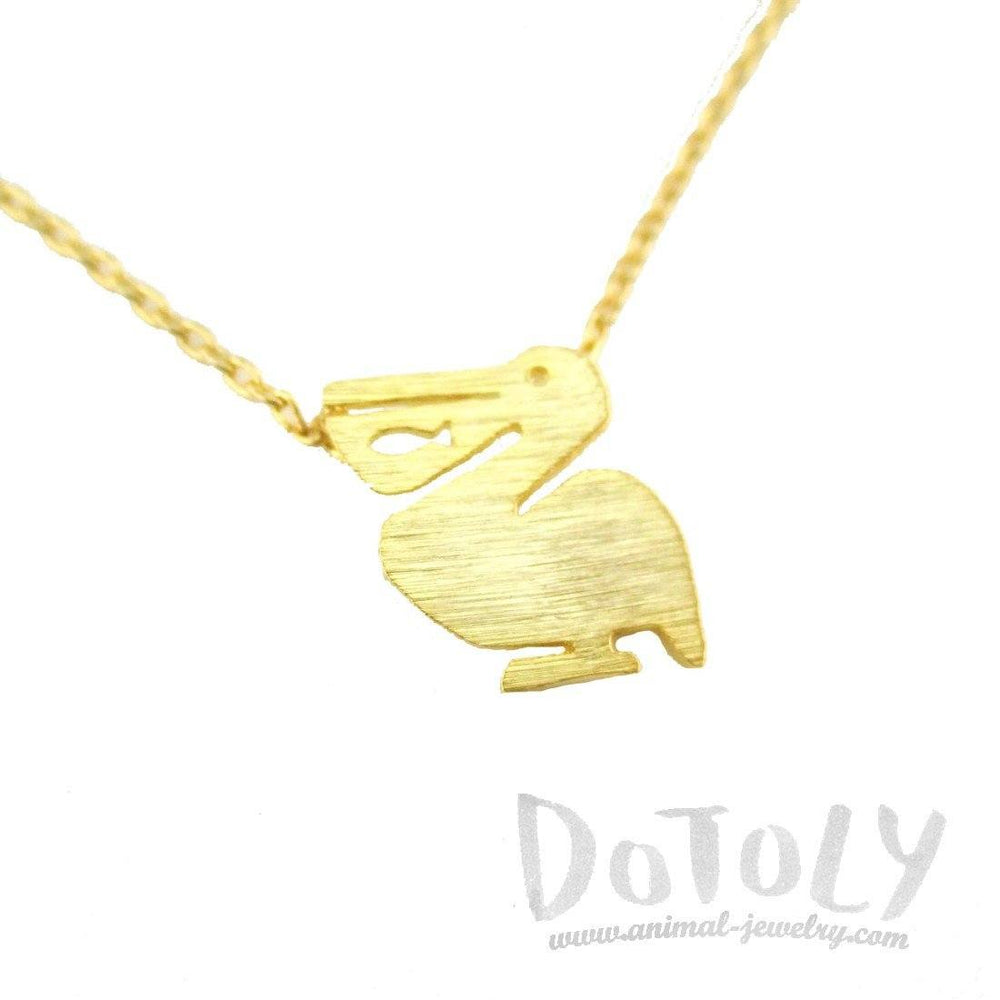 Pelican with Fish Cut Out Silhouette Shaped Charm Necklace in Gold