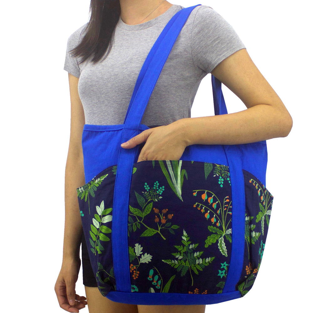 Large Utility Floral Print Blue Canvas Shoulder Tote Bag with Many Pockets