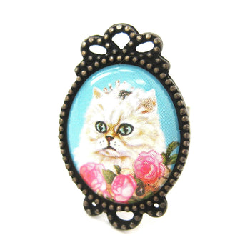 Persian Kitty Cat Illustrated Adjustable Ring in White with Roses | Animal Jewelry | DOTOLY
