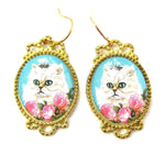 Persian Kitty Cat Portrait Illustrated Dangle Earrings with Roses | Animal Jewelry | DOTOLY