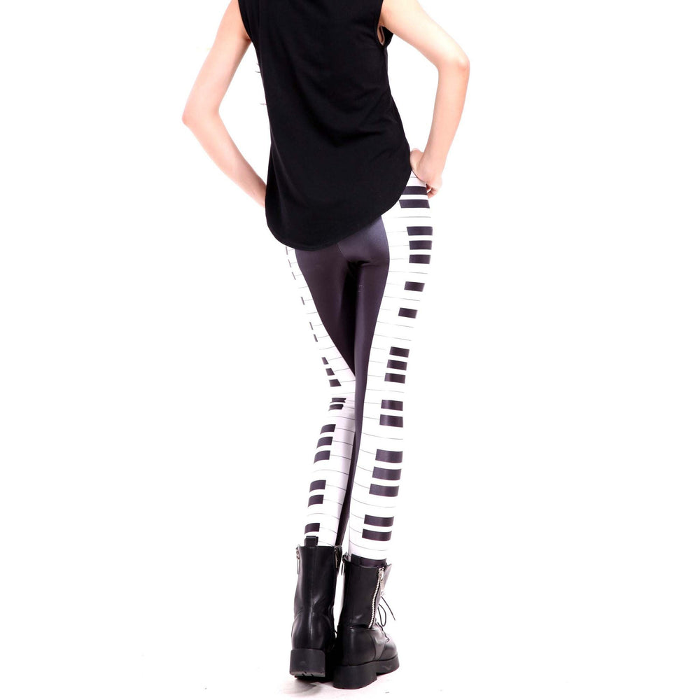 Piano Musical Keys Seams Digital Print Legging Pants for Women in Black and White | DOTOLY